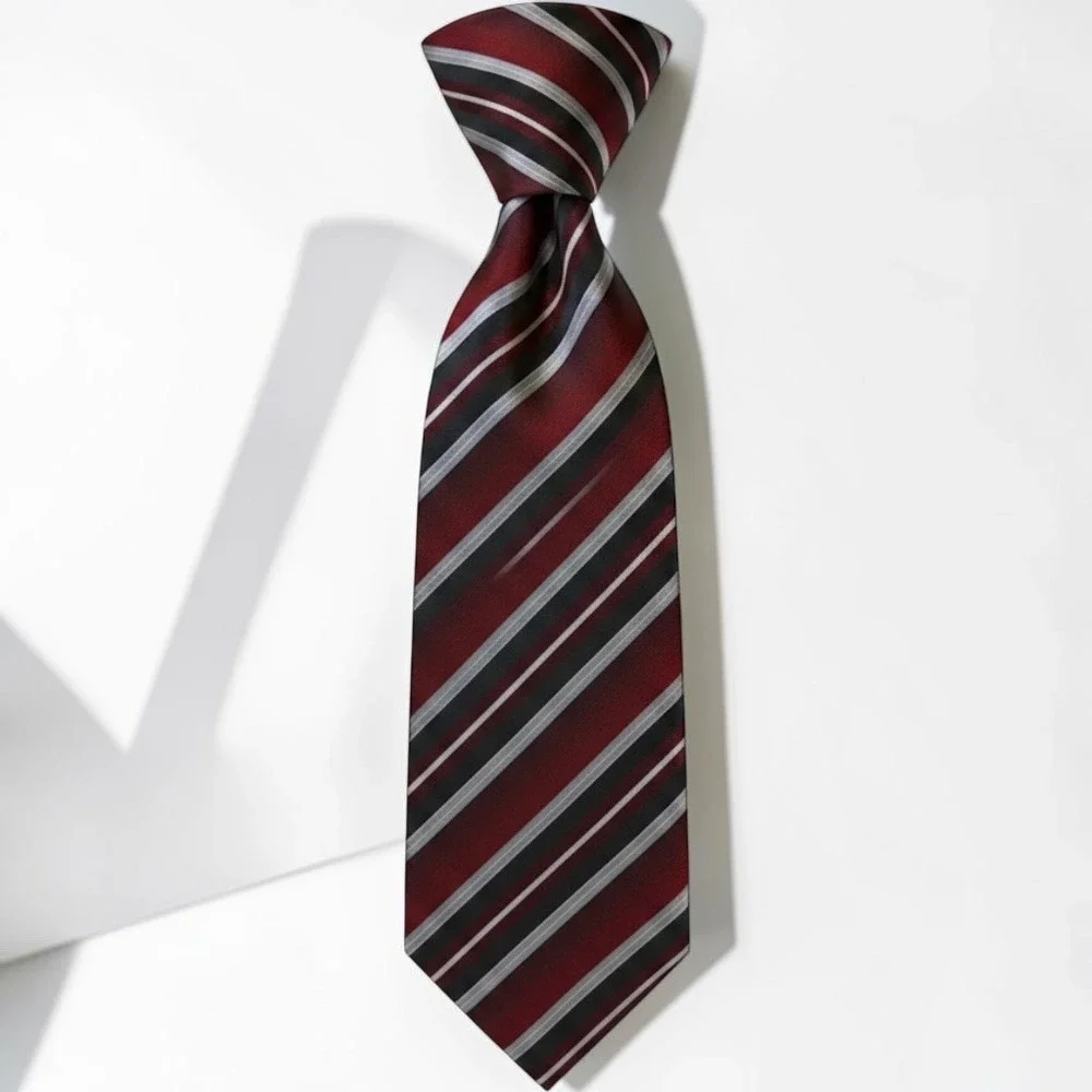 Pierre Cardin Mens Silk Blend Necktie Burgundy Red Black Silver Striped Formal